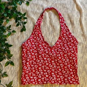 Red Foral Hollister Halter Crop Top
